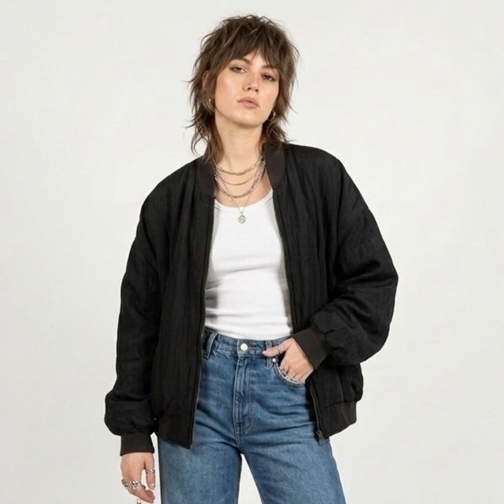 Rare‎ Vintage 100% Silk Women's Black Bomber Jacket - Oblisk Medium